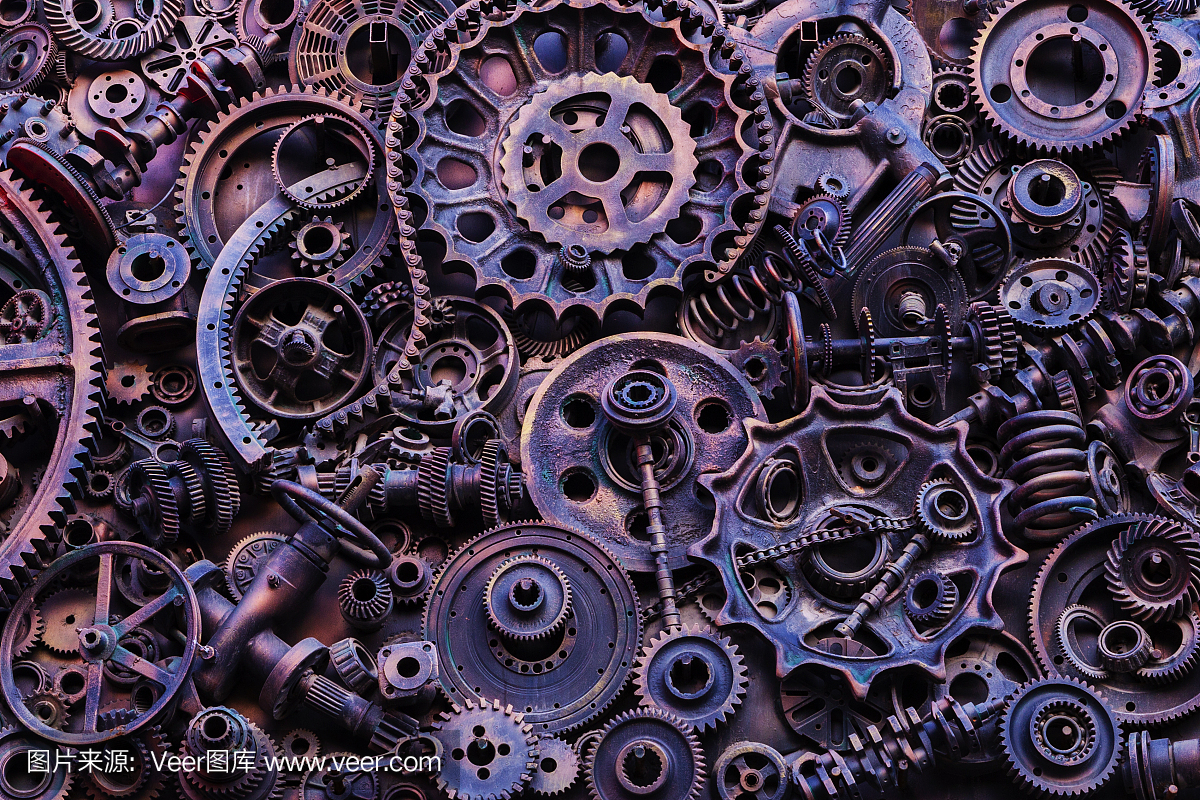 蒸汽朋克的紋理,背景與機(jī)械零件,齒輪,蒸汽朋克齒輪,堆汽車零件,舊生銹的鐵鏈,彈簧,車輪,接近